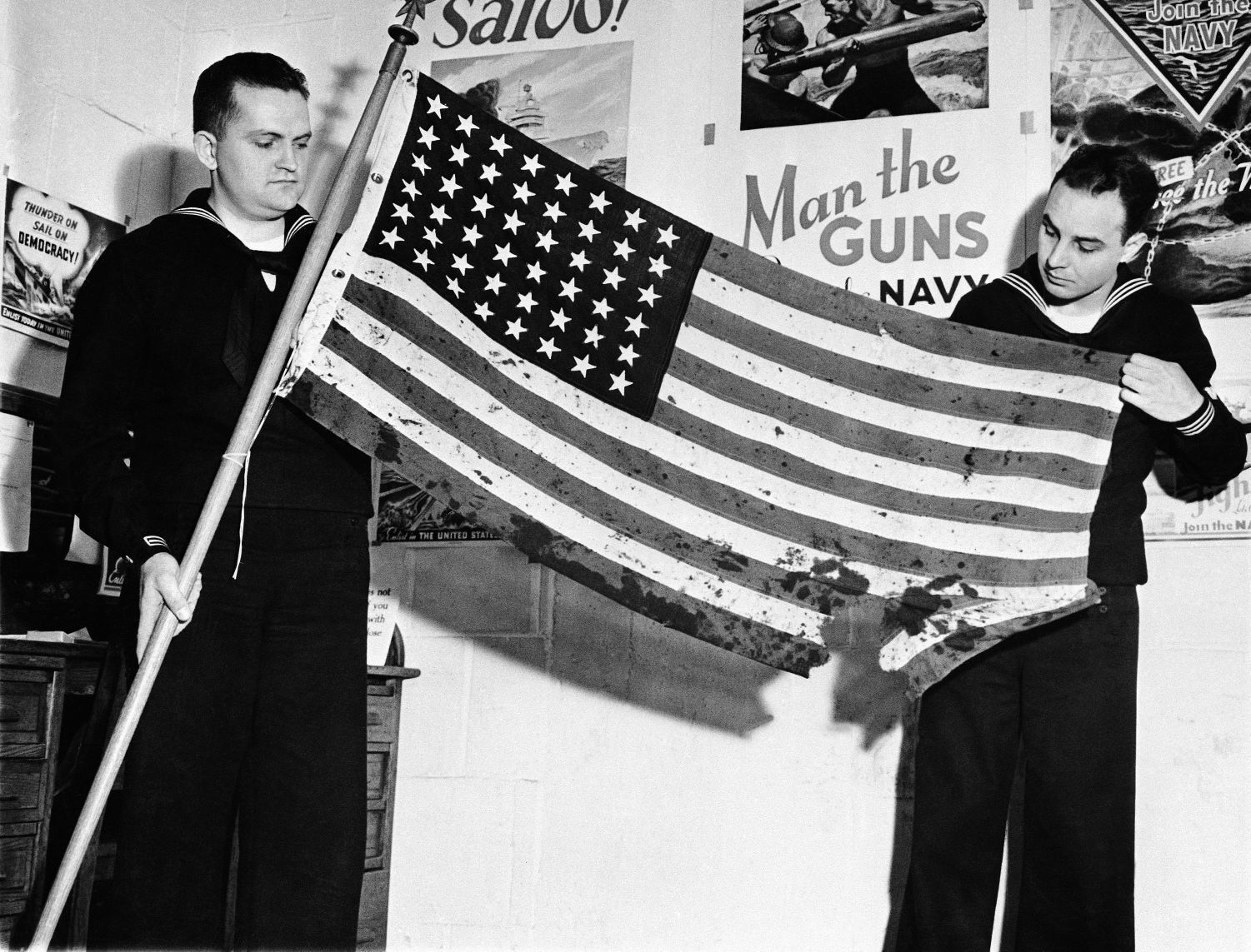 Battle-torn American flag; Pearl Harbor